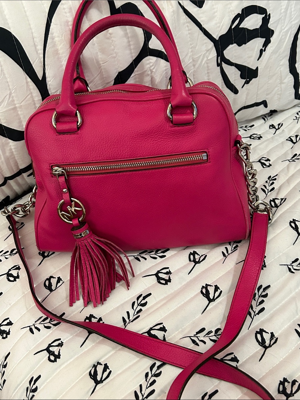 Michael Kors Bright Pink Leather Satchel with Tassel Charm